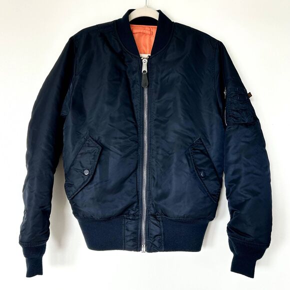 Alpha Industries MA-1 Bomber Flight Jacket Navy Blue Orange Lining Size Small F - Picture 12 of 13